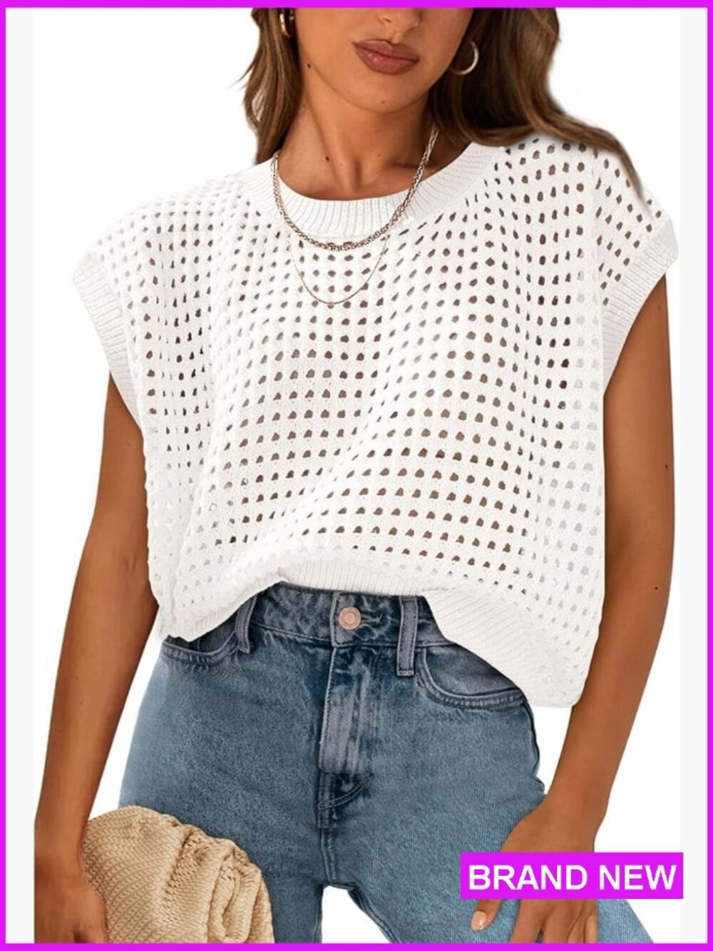 Crochet Cap Sleeve Sweater Pullover Loose Fit Knit Top Beach Vacation